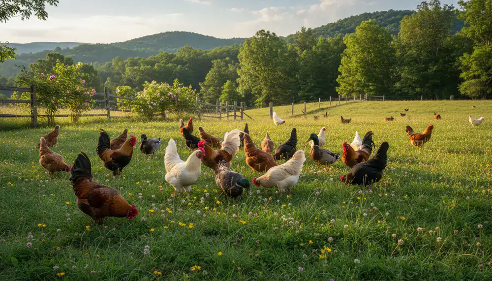 Volailles en liberté dans un pré